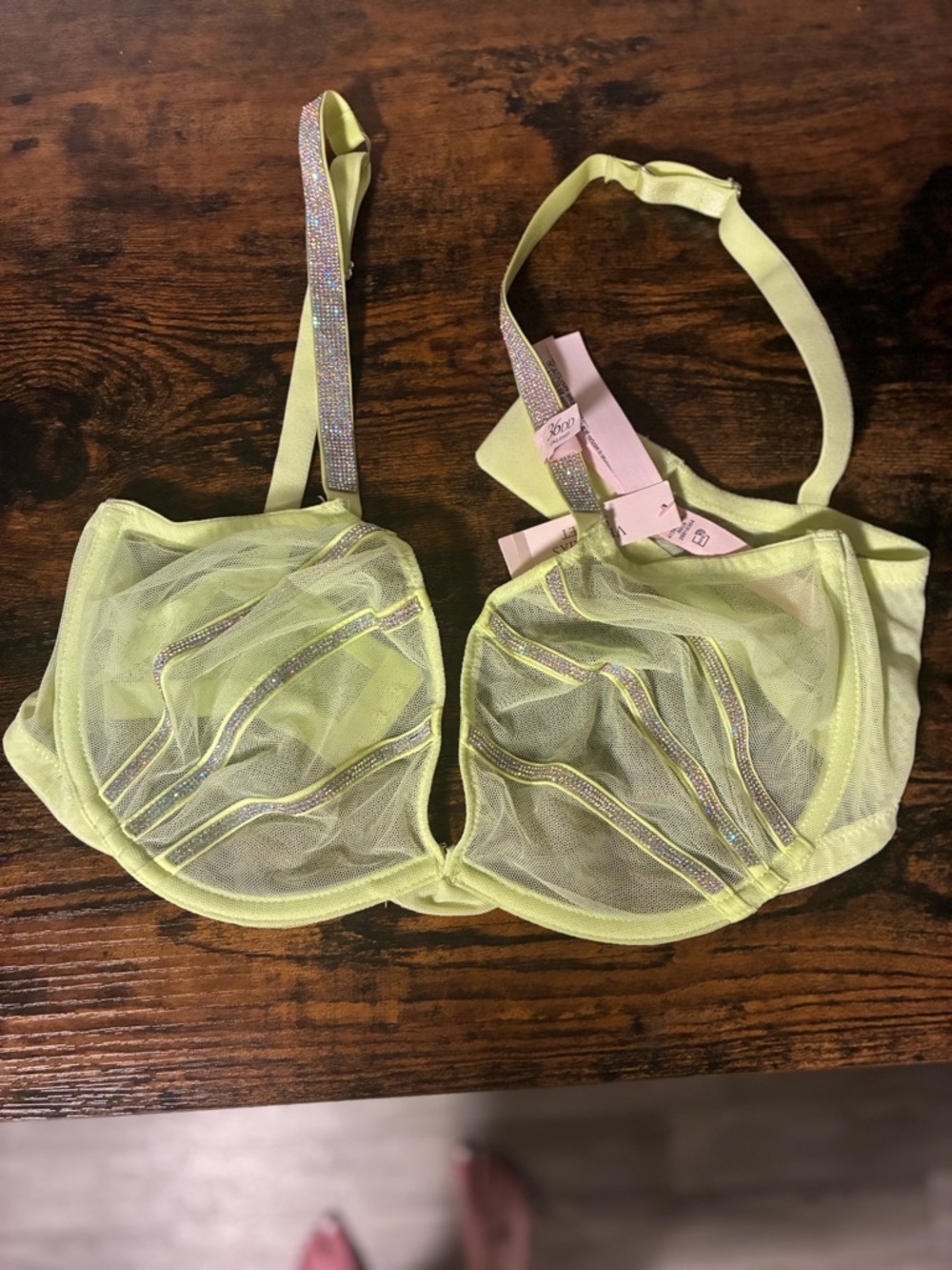 Victoria's Secret Neon Lime Sheer Underwire Bra with Rhinestone Straps